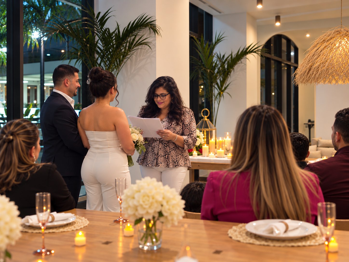 Una ceremonia interior con invitados sentados cerca