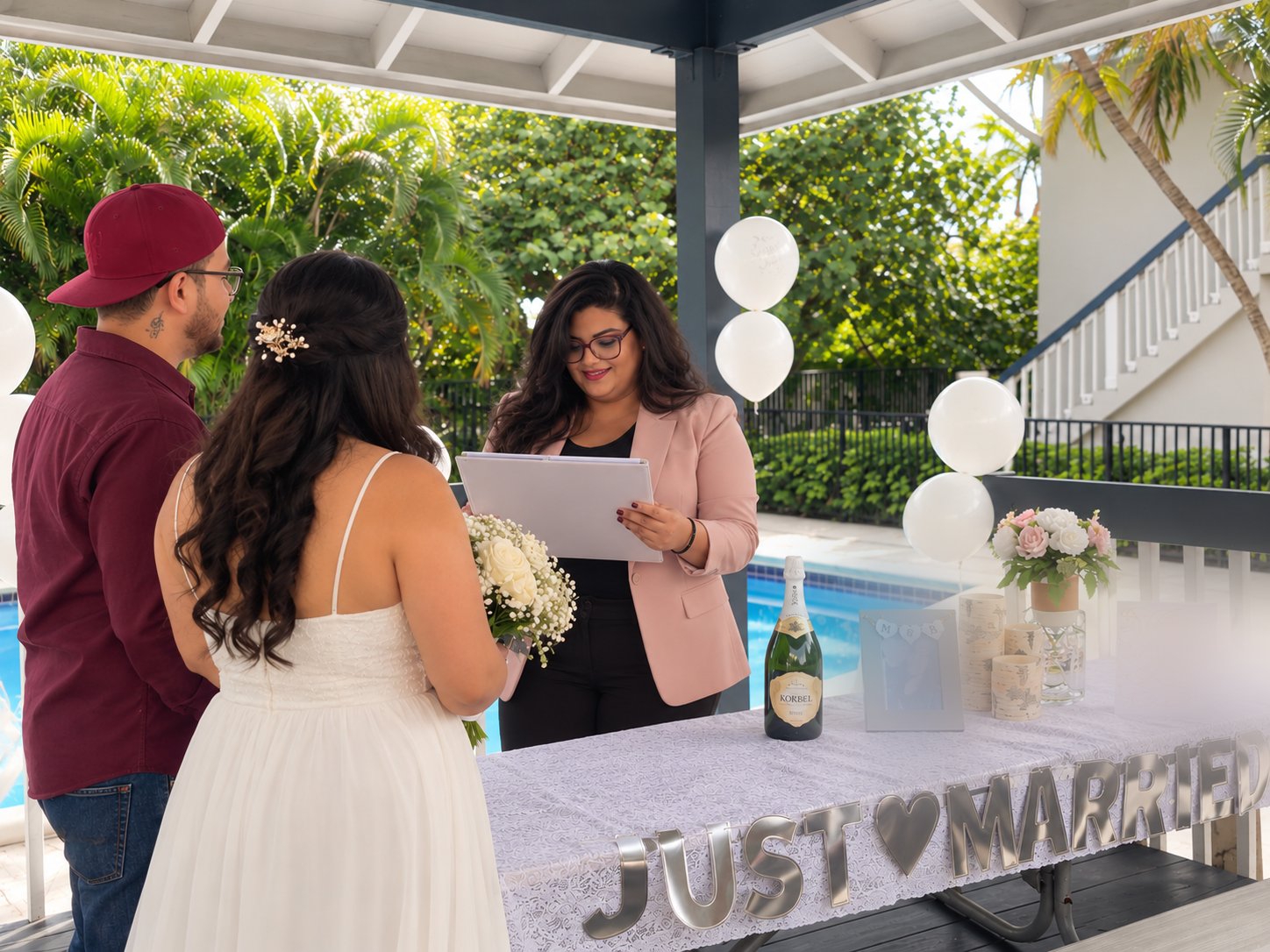 Una ceremonia junto a una piscina